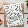 Coloring Page Of A Cute Mushroom House In A Flower Garden With Ladybugs.