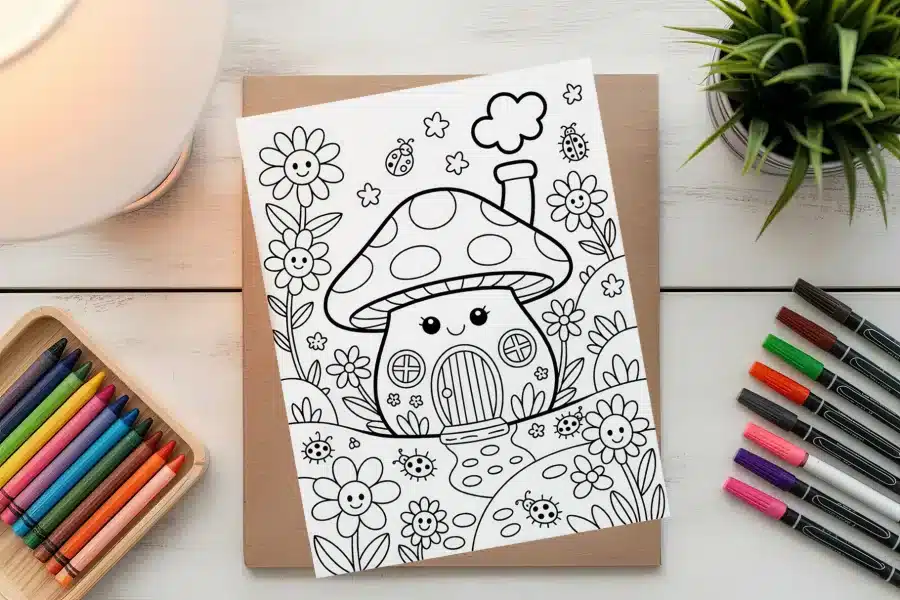 Coloring Page Of A Cute Mushroom House In A Flower Garden With Ladybugs.