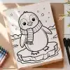 A Coloring Page Featuring A Cute Penguin Wearing A Scarf, Standing On A Small Iceberg.