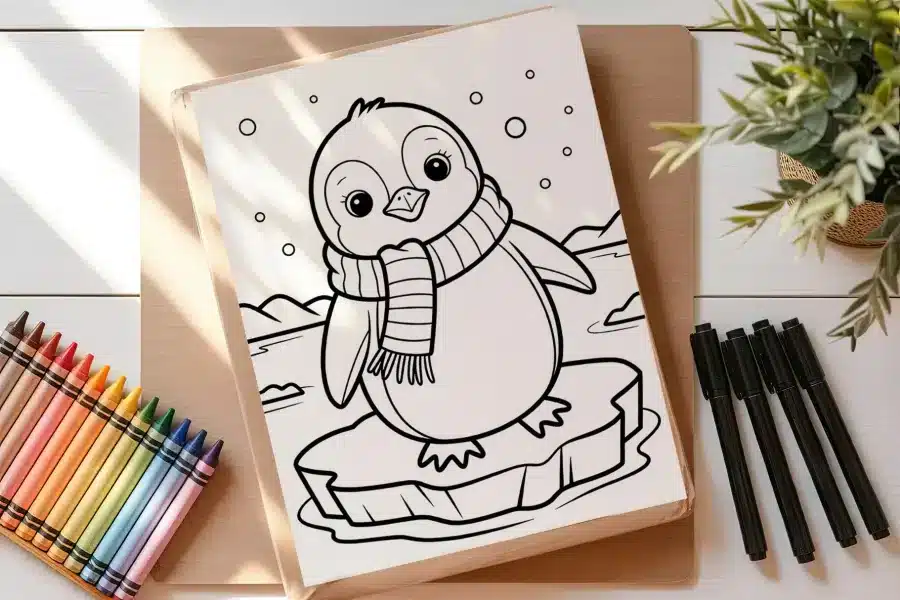 A Coloring Page Featuring A Cute Penguin Wearing A Scarf, Standing On A Small Iceberg.