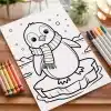 A Coloring Page Featuring A Cute Penguin Wearing A Scarf, Standing On An Iceberg.