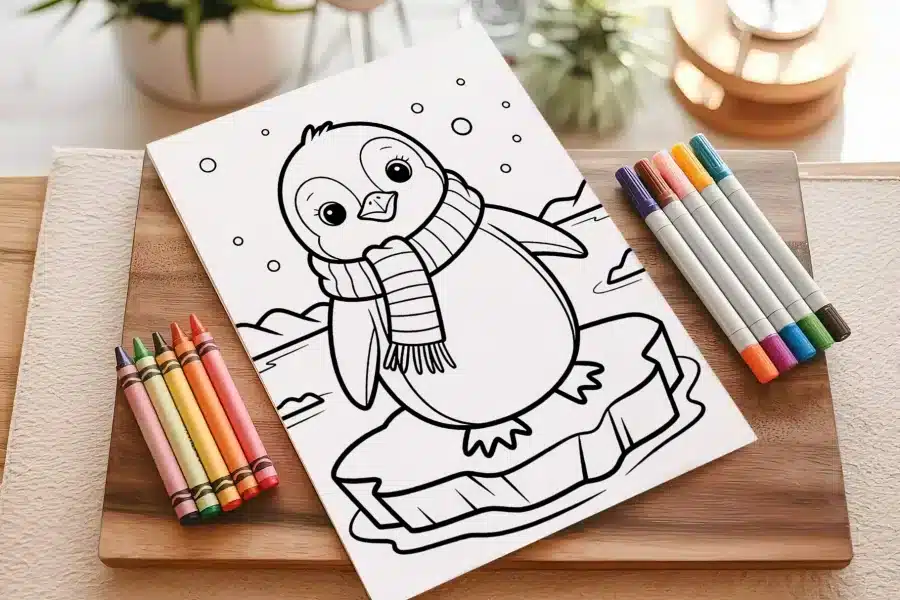 A Coloring Page Featuring A Cute Penguin Wearing A Scarf, Standing On An Iceberg.