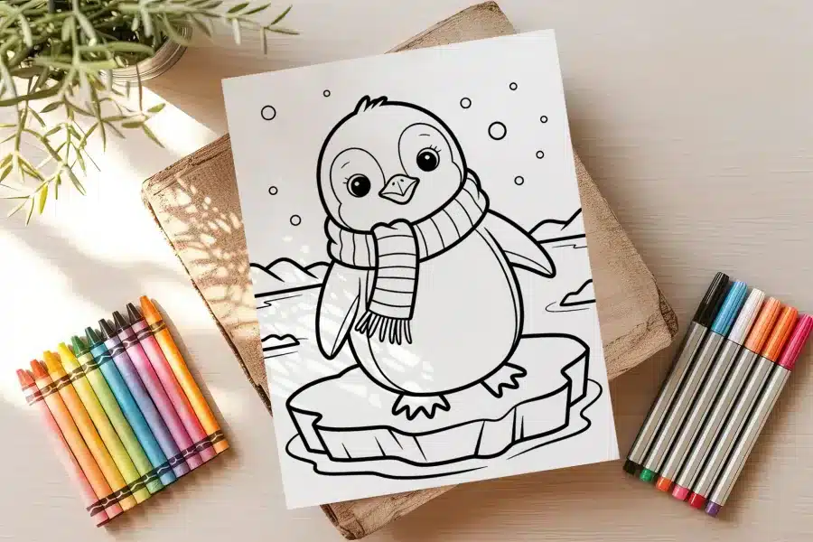 Line Drawing Of A Penguin Wearing A Scarf Standing On An Iceberg.