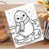 A Coloring Page Featuring An Adorable Penguin Wearing A Scarf, Standing On A Small Iceberg.