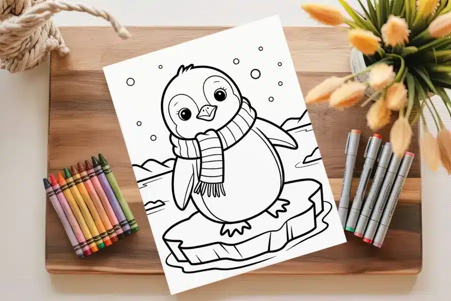 A Coloring Page Featuring An Adorable Penguin Wearing A Scarf, Standing On A Small Iceberg.