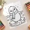 Cute Penguin On Ice Coloring Page - Free Printable Aesthetic Coloring Sheet Of A Penguin With Scarf On Ice