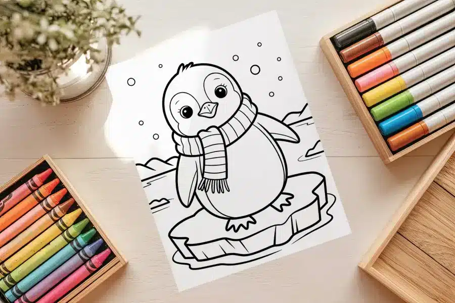 Cute Penguin on Ice Coloring Page - free printable aesthetic coloring sheet of a penguin with scarf on ice