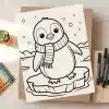 A Coloring Page Featuring An Adorable Penguin Wearing A Scarf, Standing On An Iceberg In A Snowy Landscape.