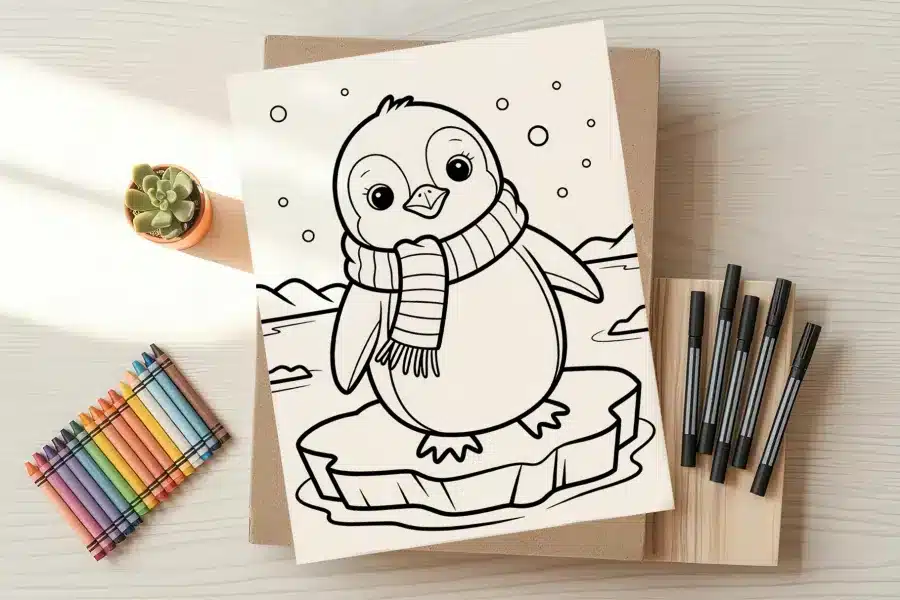 A coloring page featuring an adorable penguin wearing a scarf, standing on an iceberg in a snowy landscape.