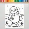 Line Drawing Of A Penguin Wearing A Scarf, Standing On An Iceberg.