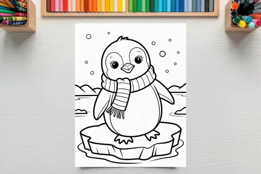 Line Drawing Of A Penguin Wearing A Scarf, Standing On An Iceberg.