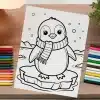 A Coloring Page Featuring A Cartoon Penguin Wearing A Scarf, Standing On An Iceberg.