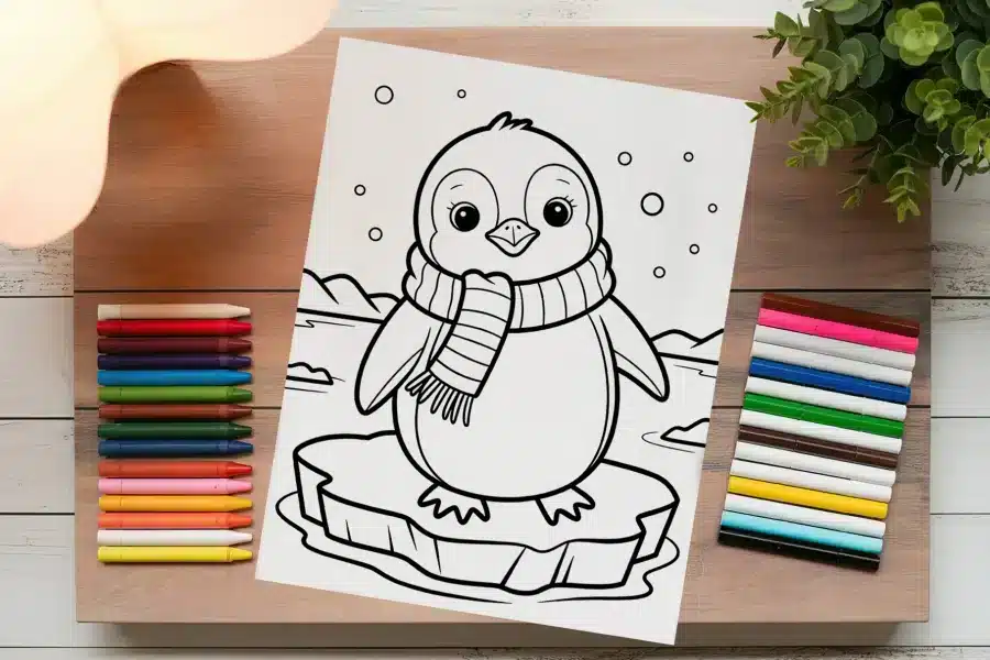 A Coloring Page Featuring A Cartoon Penguin Wearing A Scarf, Standing On An Iceberg.
