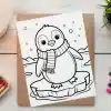 A Coloring Page Featuring A Cute Penguin Wearing A Scarf, Standing On An Iceberg.
