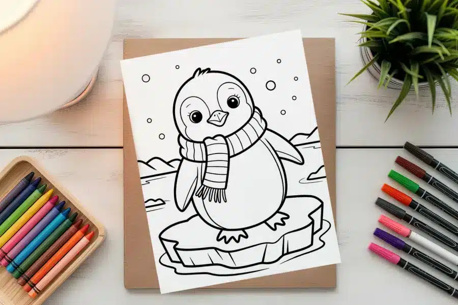 A Coloring Page Featuring A Cute Penguin Wearing A Scarf, Standing On An Iceberg.