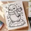 A Coloring Page Featuring An Adorable Penguin Wearing A Scarf And Standing On An Ice Floe.