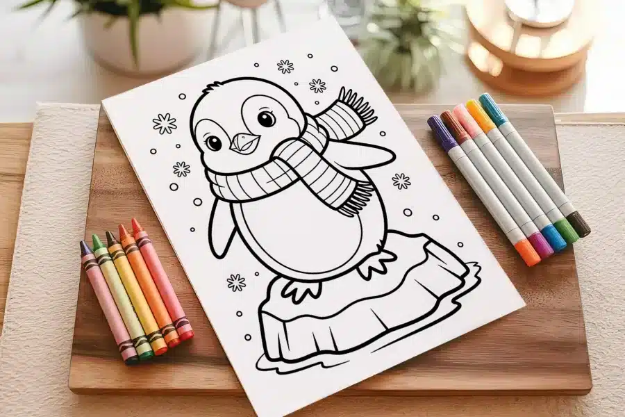 A Coloring Page Featuring A Cute Penguin Wearing A Scarf And Standing On An Ice Floe.