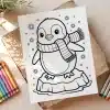 A Coloring Page Featuring An Adorable Penguin Wearing A Scarf, Standing On A Small Iceberg.  Snowflakes Decorate The Background.