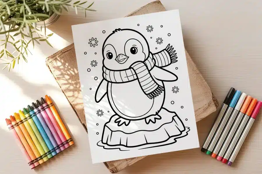 A Coloring Page Featuring An Adorable Penguin Wearing A Scarf, Standing On A Small Iceberg.  Snowflakes Decorate The Background.