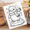 A Coloring Page Featuring A Cartoon Penguin Wearing A Scarf And Standing On A Piece Of Ice.