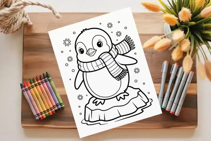 A Coloring Page Featuring A Cartoon Penguin Wearing A Scarf And Standing On A Piece Of Ice.