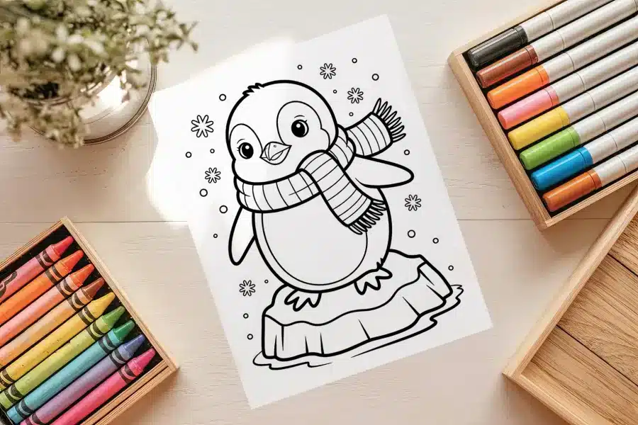 Cute Penguin Snowflakes Coloring Page - free printable aesthetic coloring sheet of a penguin with scarf and snowflakes