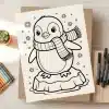Line Drawing Of A Penguin Wearing A Scarf, Standing On An Iceberg In The Snow.