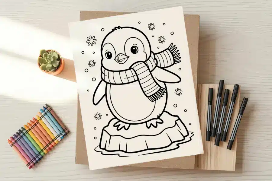Line drawing of a penguin wearing a scarf, standing on an iceberg in the snow.