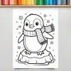 Line Drawing Of A Penguin Wearing A Scarf, Standing On A Small Iceberg.