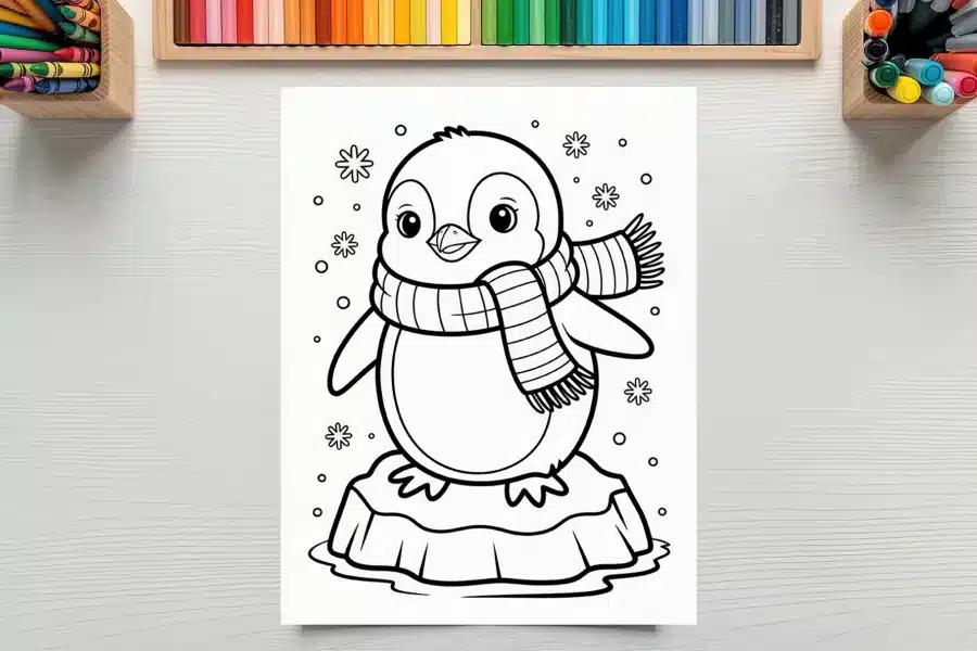 Line Drawing Of A Penguin Wearing A Scarf, Standing On A Small Iceberg.