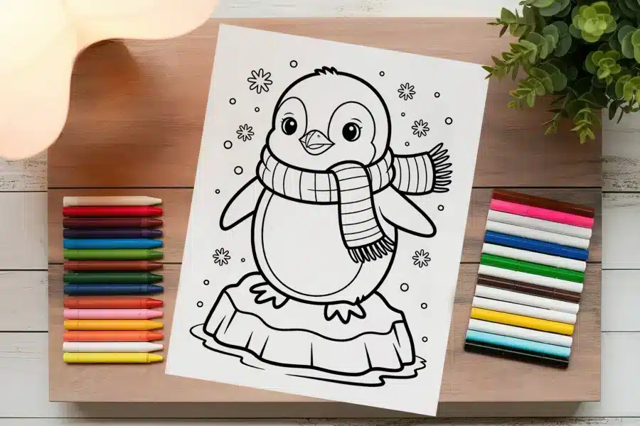 Coloring Page Of A Penguin Wearing A Scarf On A Small Iceberg.