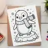 Line Drawing Of A Penguin Wearing A Scarf, Standing On An Ice Floe.