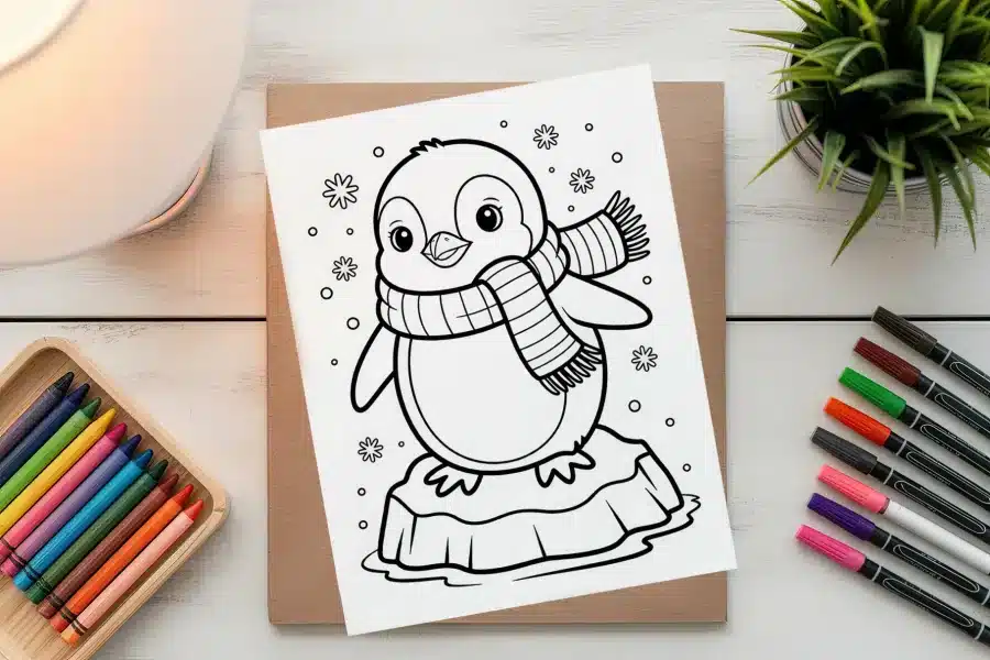 Line Drawing Of A Penguin Wearing A Scarf, Standing On An Ice Floe.