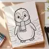 A Coloring Page Featuring A Cute Penguin Wearing A Scarf.