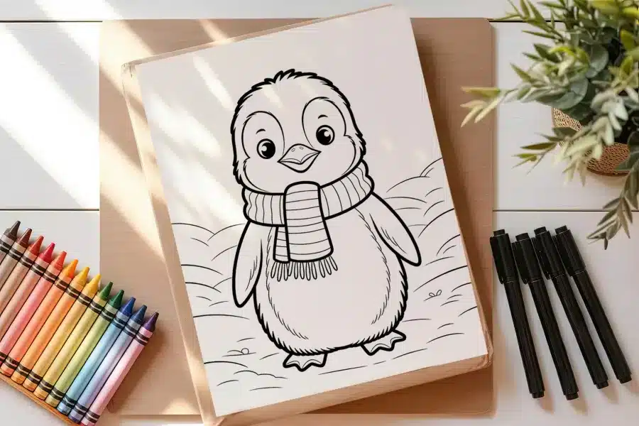 A Coloring Page Featuring A Cute Penguin Wearing A Scarf.