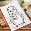 Line Drawing Of A Penguin Wearing A Scarf On A Coloring Page.