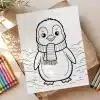 Line Drawing Of A Cute Penguin Wearing A Striped Scarf.