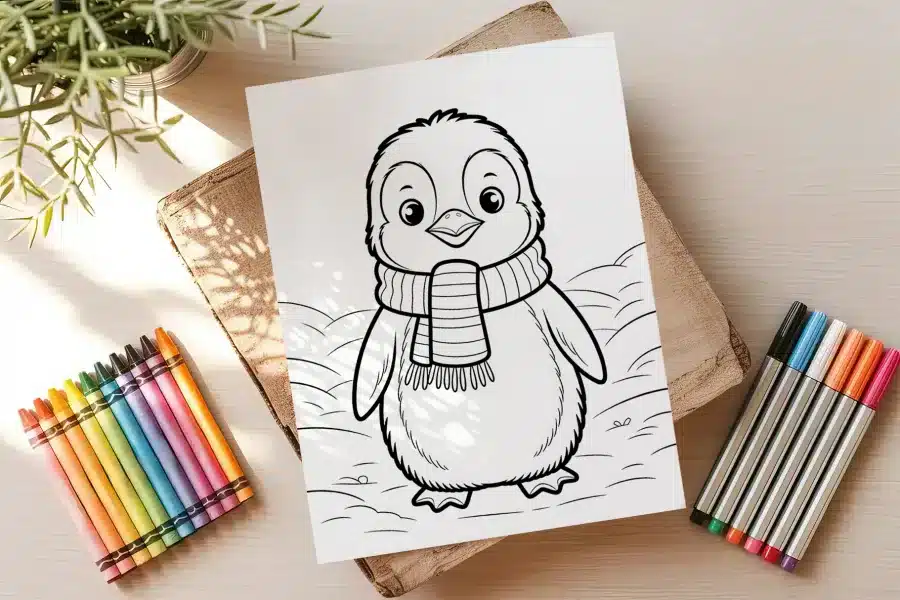 Line Drawing Of A Cute Penguin Wearing A Striped Scarf.