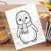 Coloring Page Featuring An Adorable Penguin Wearing A Scarf.