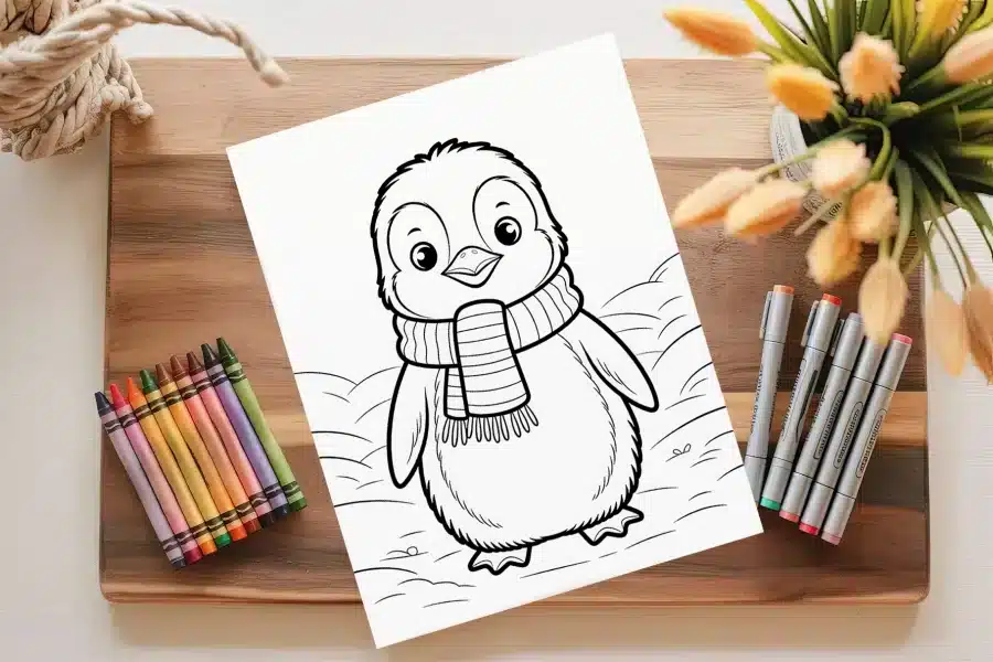 Coloring Page Featuring An Adorable Penguin Wearing A Scarf.
