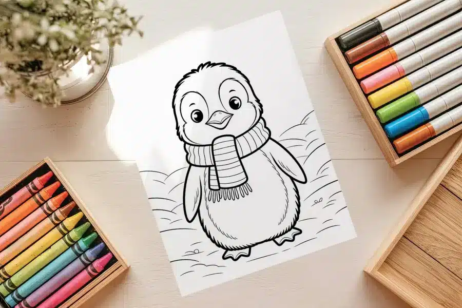 Cute Penguin with Scarf Coloring Page - free printable aesthetic coloring sheet of a penguin in a snowy scene
