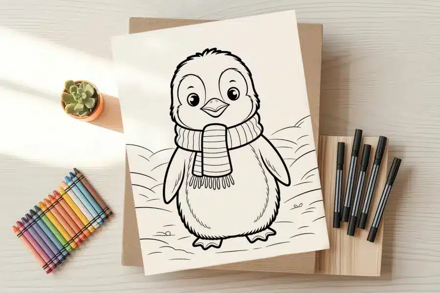 Line drawing of a penguin wearing a scarf.