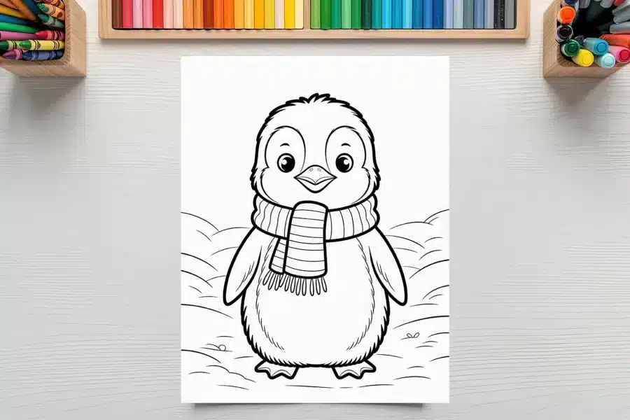A Coloring Page Featuring A Cute Penguin Wearing A Striped Scarf.