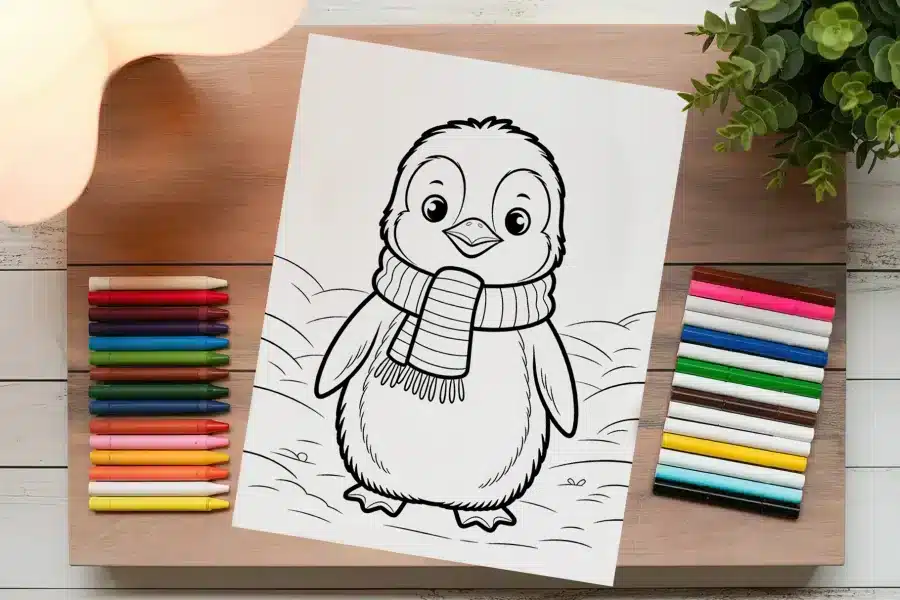 A Coloring Page Featuring A Cute Penguin Wearing A Striped Scarf.