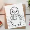A Coloring Page Featuring A Cartoon Penguin Wearing A Striped Scarf.
