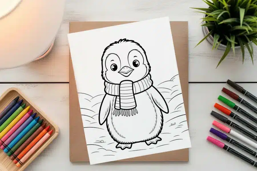 A Coloring Page Featuring A Cartoon Penguin Wearing A Striped Scarf.