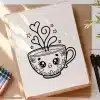 Line Drawing Of A Cute Cartoon Teacup With Hearts And Stars.