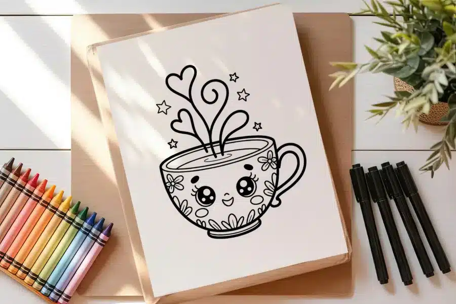 Line Drawing Of A Cute Cartoon Teacup With Hearts And Stars.