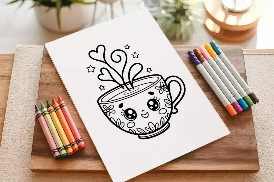 Line Drawing Of A Cute Cartoon Mug With Hearts For Steam.