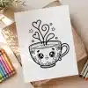 Line Drawing Of A Cute Cartoon Teacup With Hearts And Stars Above It.